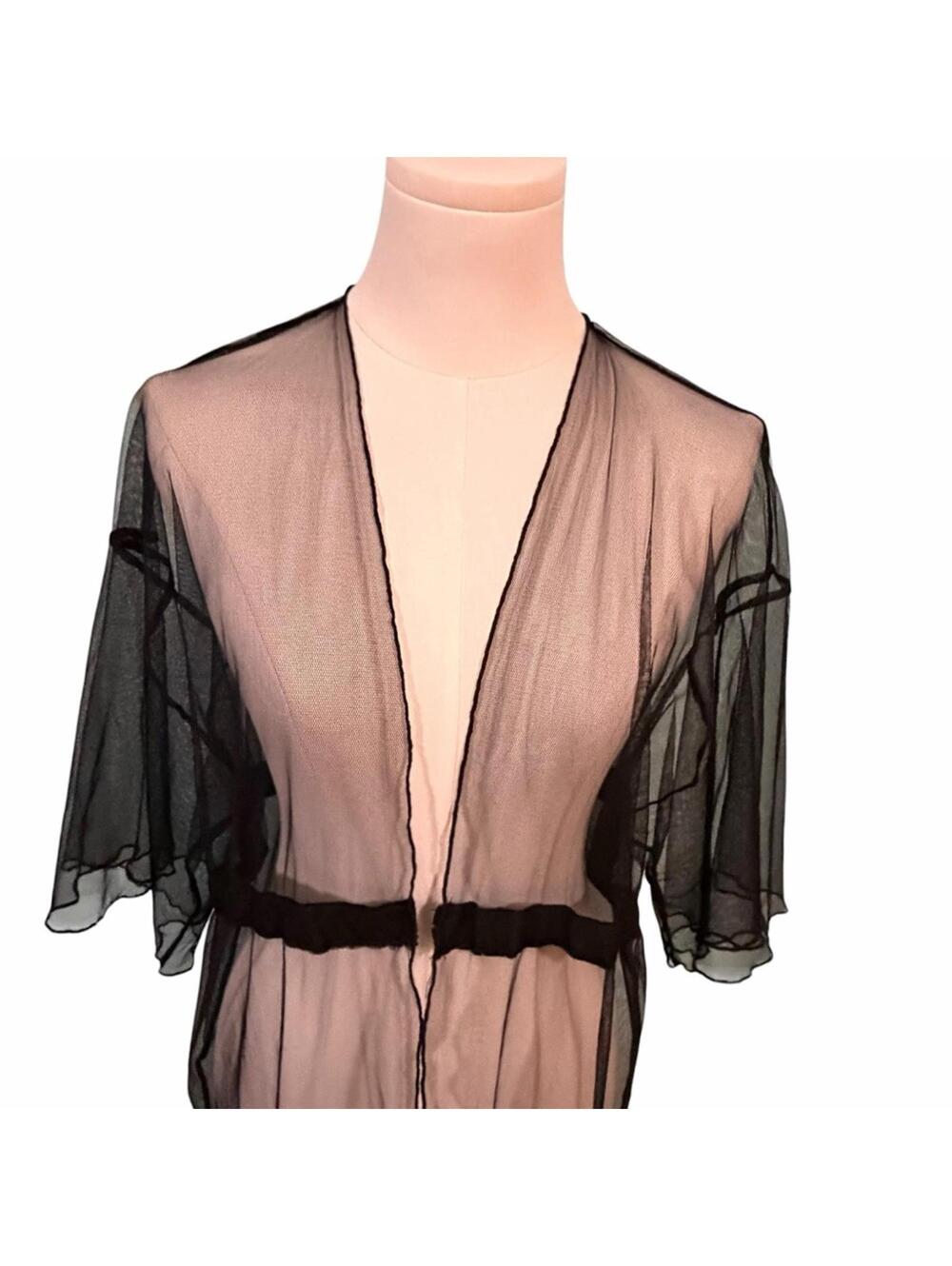 Charlotte Russe Black Sheer Mesh Maxi Duster Kimono Dress Medium Lettuce Ruffle - Picture 4 of 12